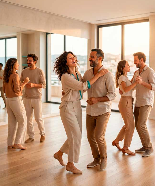 Grupo de adultos bailando juntos en una clase de Inspir Studio