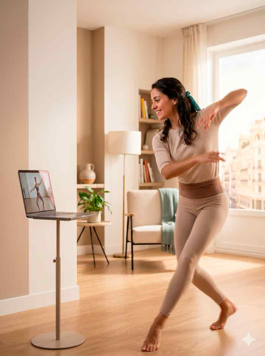 Mujer siguiendo una clase de baile online de Inspir Studio en casa
