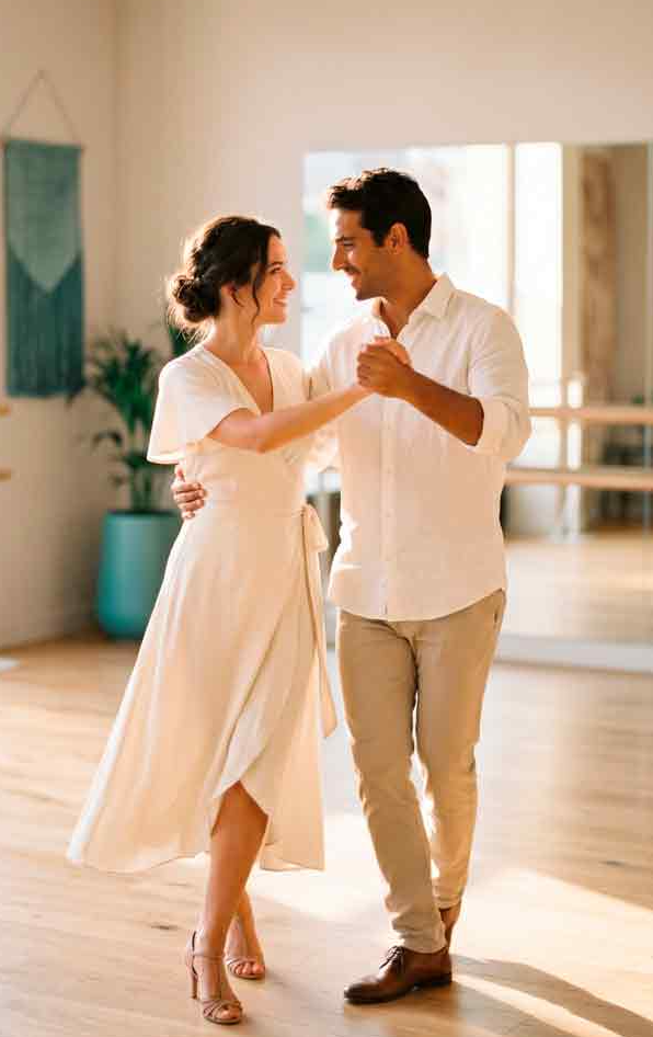 Pareja de novios ensayando su baile nupcial en Inspir Studio